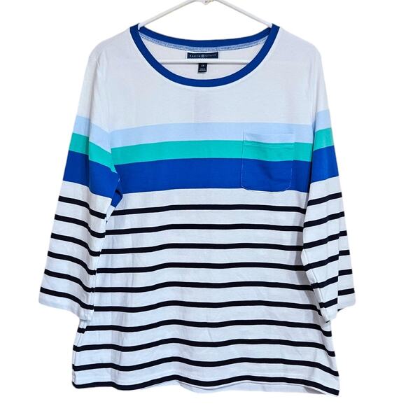 Karen Scott Sport Womens Striped Top Size 2X 3/4-Sleeve Boatneck White/Blue New - Picture 3 of 7